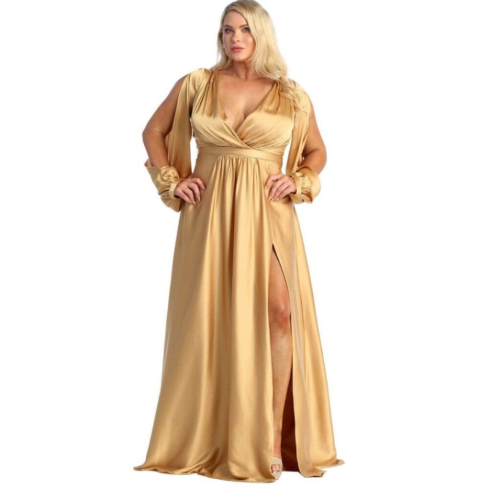 Gold Prom Long V-Neck Split Long Sleeves A-Line Dress By May Queen MQ1857